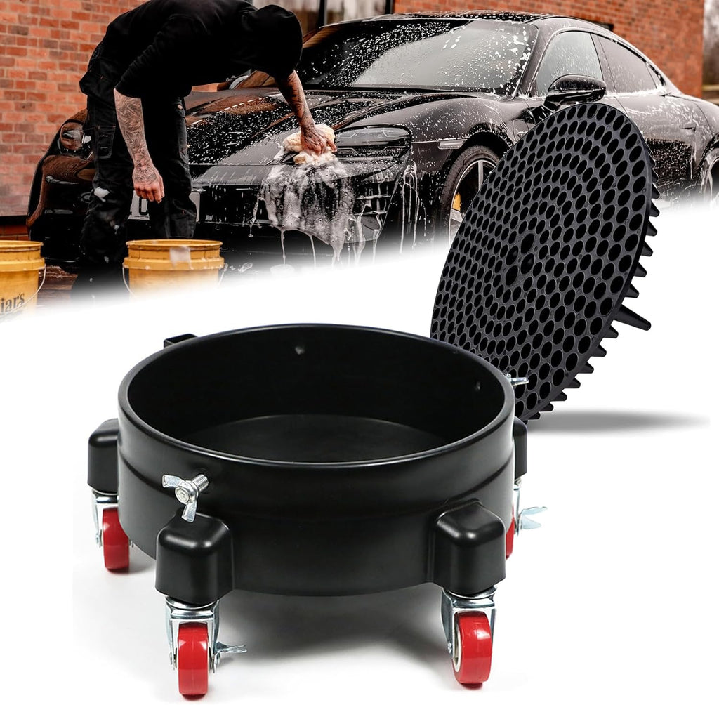 5 Gallon Bucket Dolly with Bucket Insert, Professional Car Wash Bucket Dolly with 5 Wheels and 2 Locking Casters for Car Washing, Detailing, Garage & More