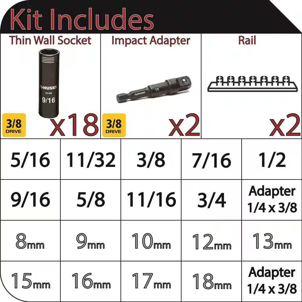 3/8 In. Drive Thin Wall Deep 6-Point Impact Socket Set Sae/Metric (20-Piece)