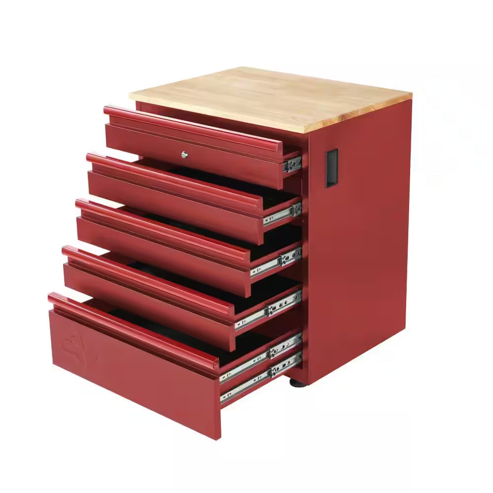 28 In. W X 32 In. H X 21.5 In. D 20-Gauge Steel 5-Drawer Heavy-Duty Freestanding Garage Storage Base Cabinet in Red