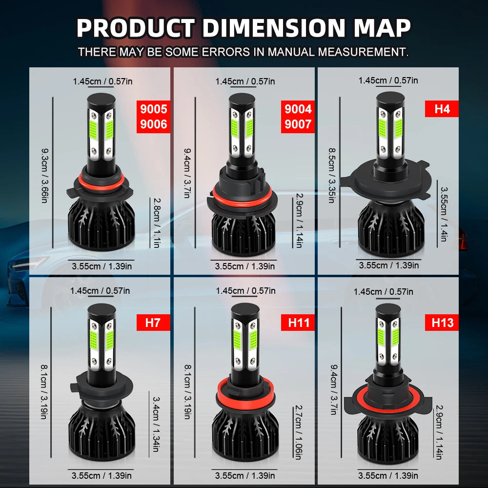 8000K ICE Blue 4 Side LED H7 Car Headlight 180W High Power H4 H8 HB3 9005 9006 HB4 H9 H11 H13 9007 9012 Spotlight Chip Fog Lamp