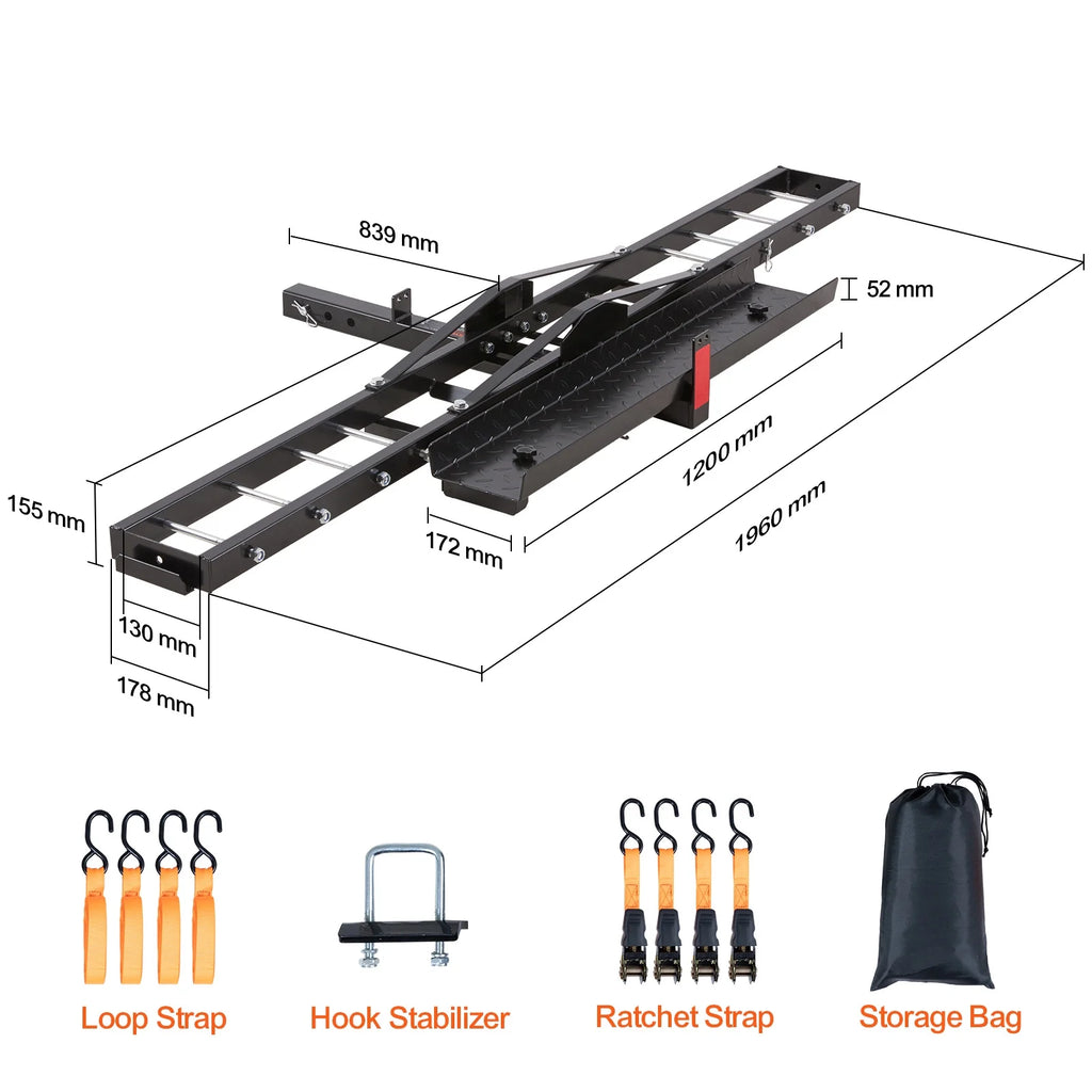 Steel Motorcycle Carrier, 600 LBS Capacity, Includes Ramp, Tie-Down Straps & Stabilizer, Fits 2" Hitch Receivers on Cars & Trucks