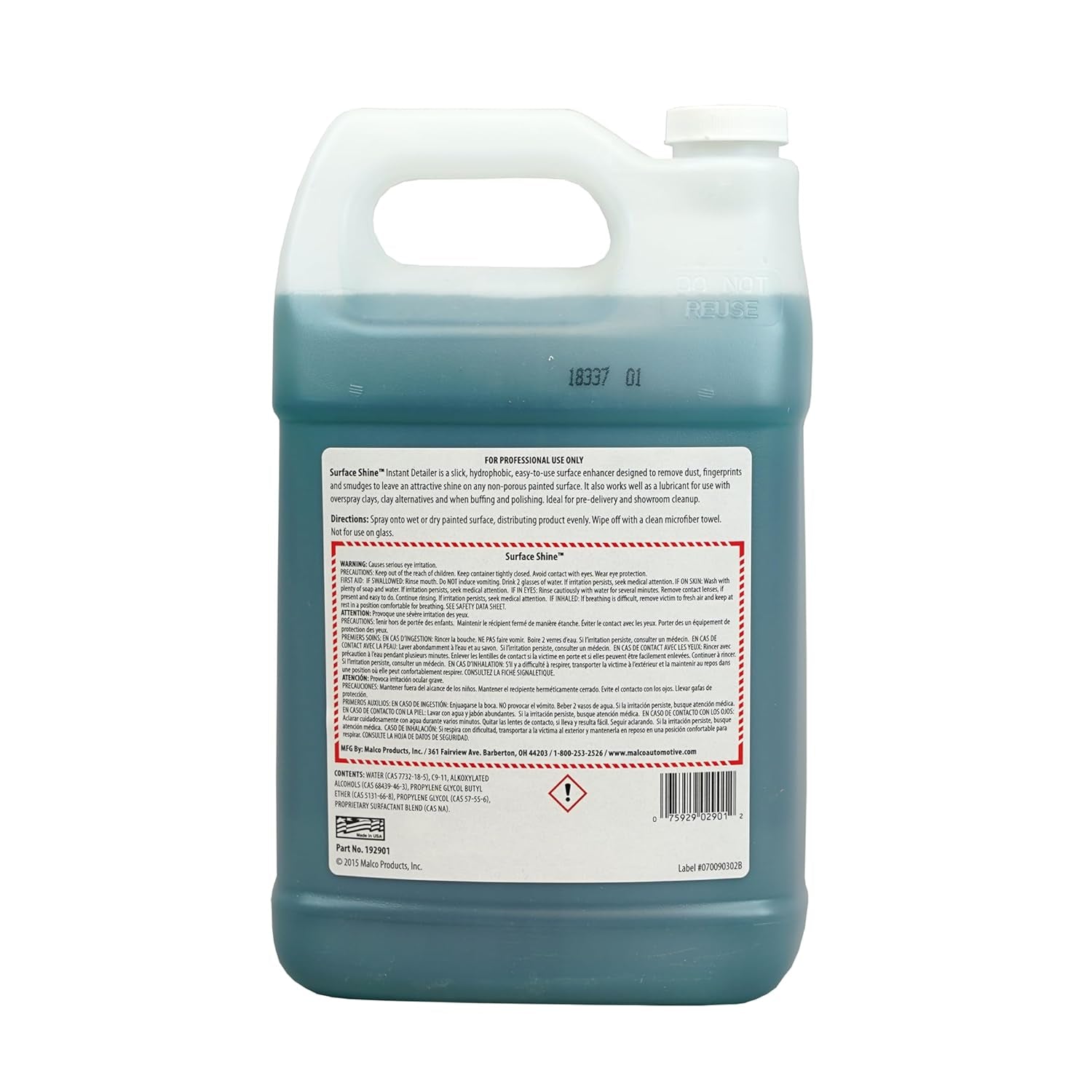 Surface Shine Instant Detail Spray - Removes Light Surface Contaminants/Lubricant for Overspray Clays / 1 Gallon (192901)