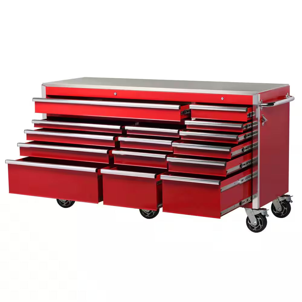 72 In. W X 24 In. D Heavy Duty 15-Drawer Mobile Workbench Cabinet with Stainless Steel Top in Gloss Red