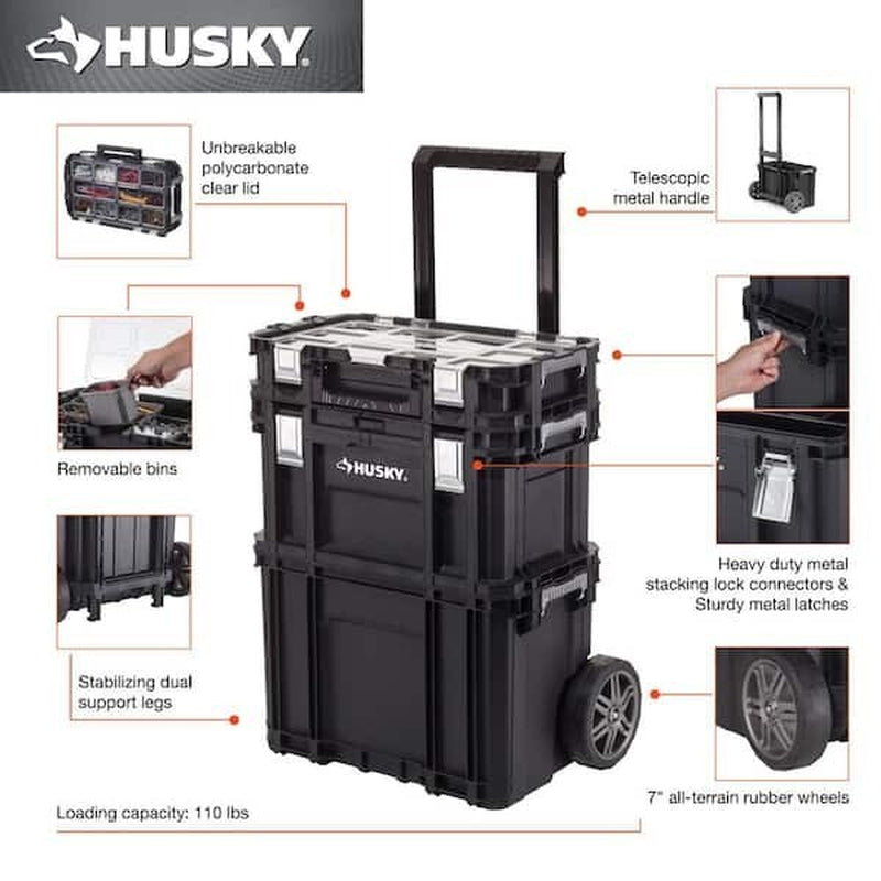 22 In. Husky Portable Rolling Tool Box on Wheels Cart Part Organizer Storage Bin