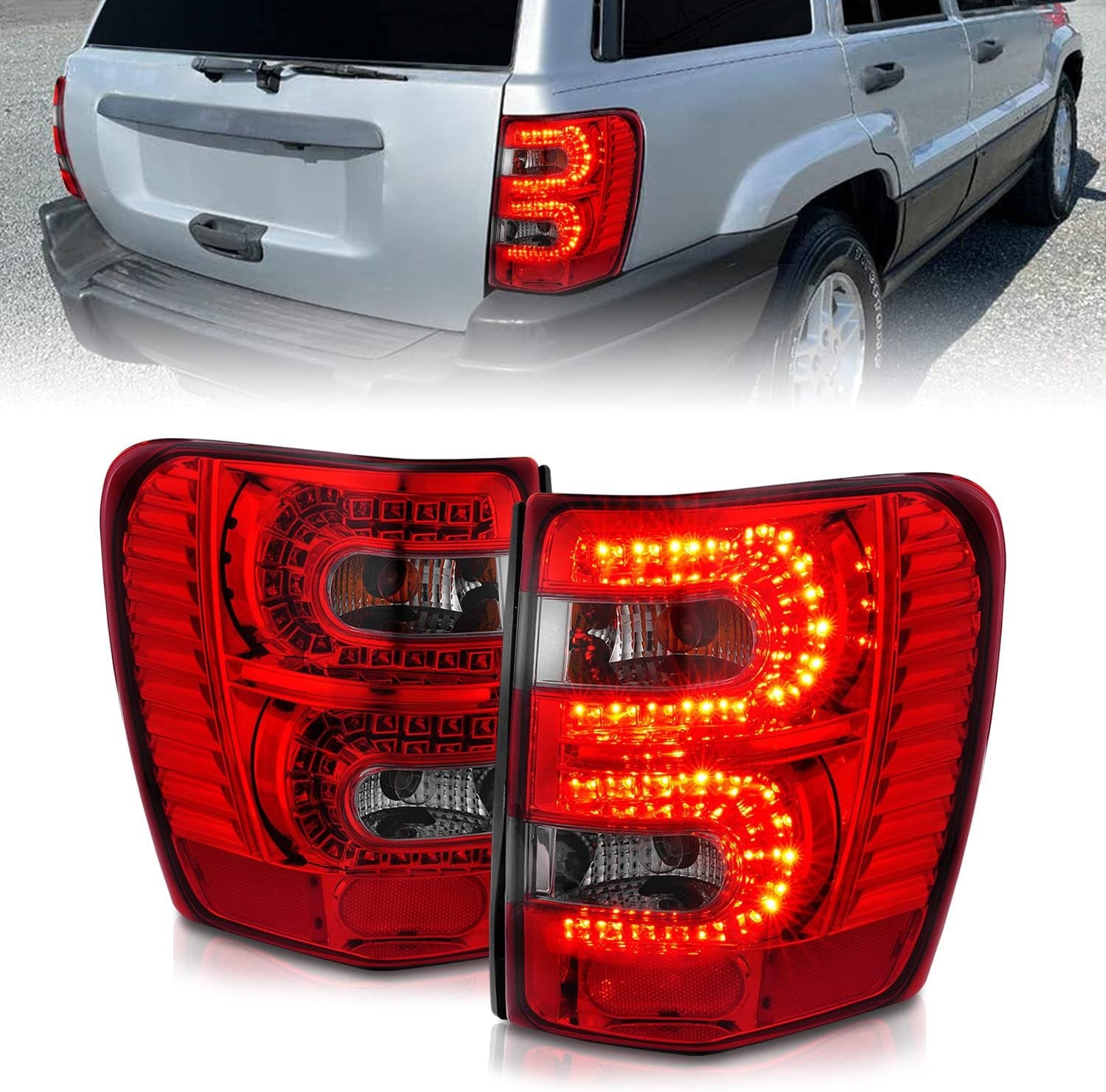 Red/Smoke LED Tail Lights Assembly for 1999-2004 Jeep Grand Cherokee - Passenger and Driver Side
