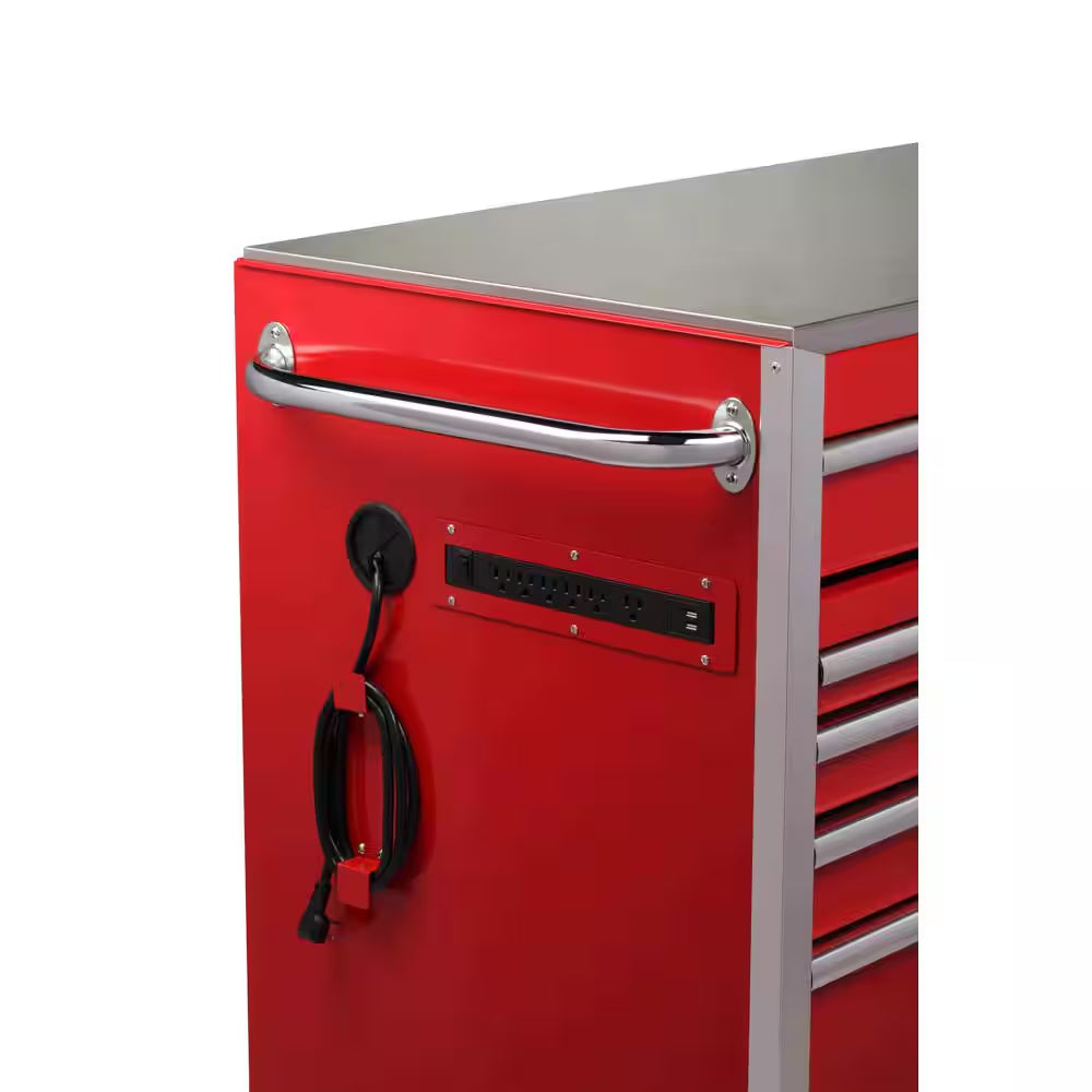72 In. W X 24 In. D Heavy Duty 15-Drawer Mobile Workbench Cabinet with Stainless Steel Top in Gloss Red