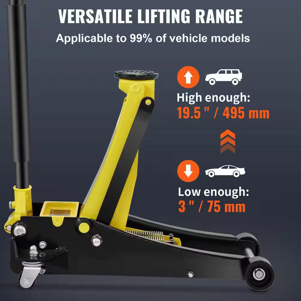 Floor Jack, 3 Ton Low Profile Floor Jack, Heavy-Duty Steel Racing Floor Jack, Floor Jack Lifting Range 3.35-19.69 In.