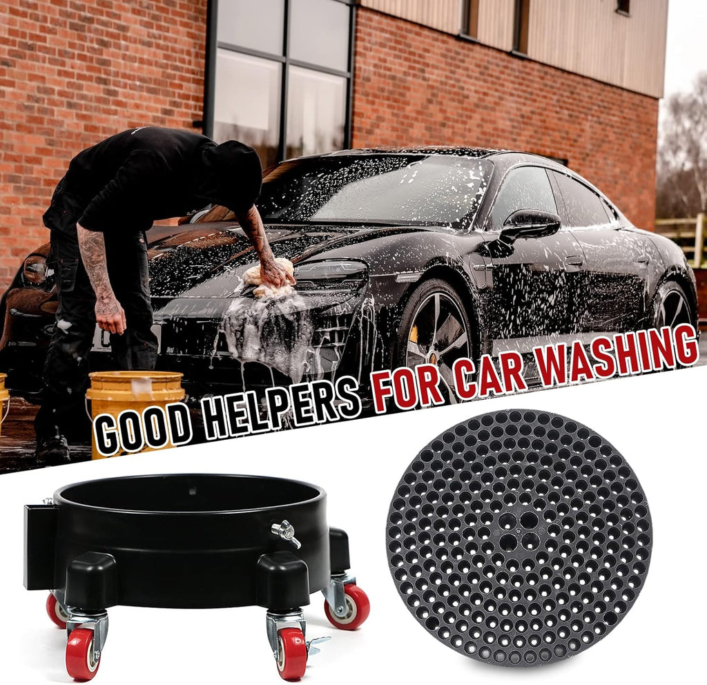 5 Gallon Bucket Dolly with Bucket Insert, Professional Car Wash Bucket Dolly with 5 Wheels and 2 Locking Casters for Car Washing, Detailing, Garage & More