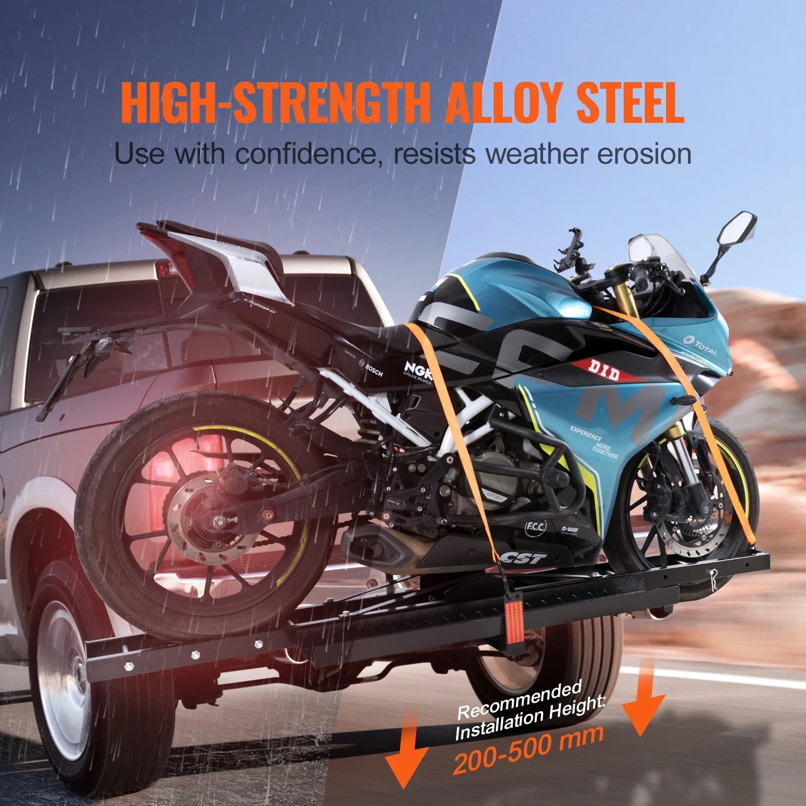 Steel Motorcycle Carrier, 600 LBS Capacity, Includes Ramp, Tie-Down Straps & Stabilizer, Fits 2" Hitch Receivers on Cars & Trucks