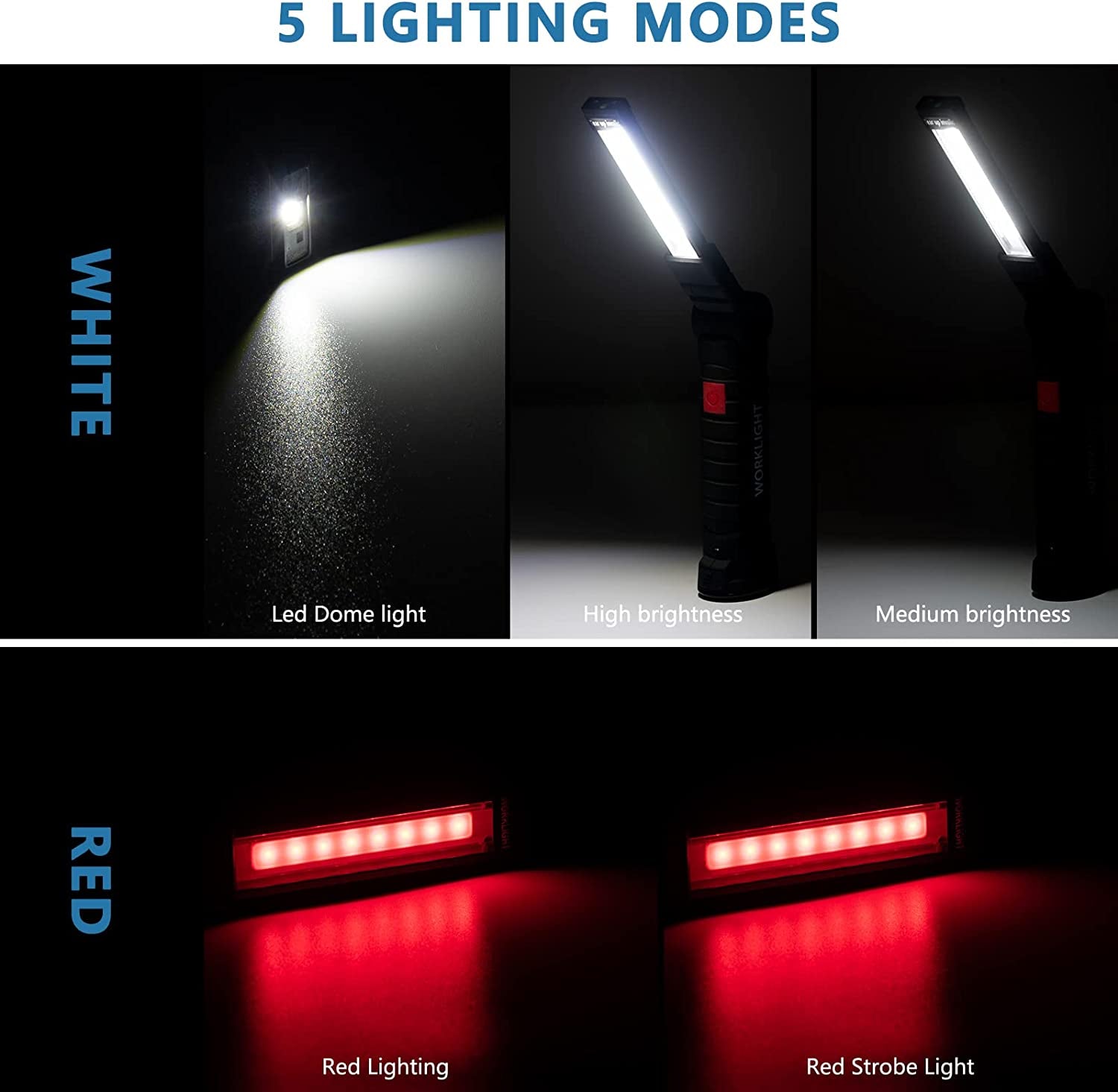 LED Rechargeable Flash Lights  Automotive Tools for Mens Dad,Cordless Worklight with Magnetic Base 360° Rotate 5 Modes Brightness Trouble Torch for Bbq,Camping,Handmade,Mechanic,Gift(2 Pack)