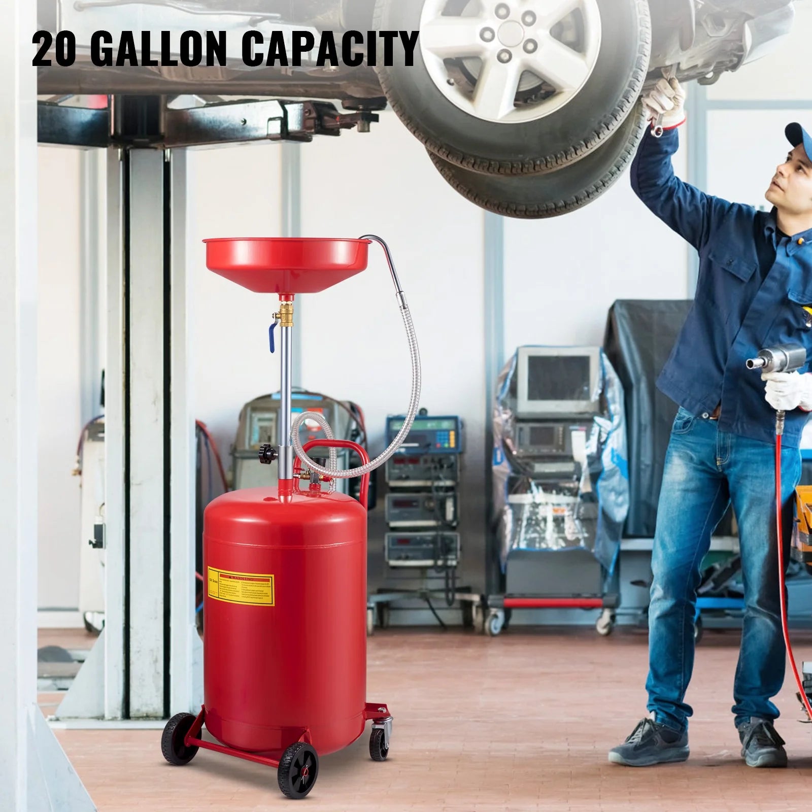 VEVOR Waste Oil Drain Tank 20 Gallon Portable Oil Drain Air Operated Drainer Oil Change, Oil Drain Container, Fluid Fuel Transfer Drainage Adjustable Funnel Height, with Wheel for Easy Oil Removal