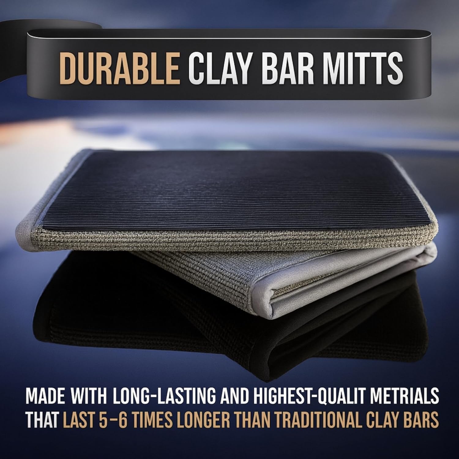 2-PC Medium Fine Clay Mitt Auto Detailing | Reusable, Scratch Free & Easy-Glide Clay Bar Mitt for Detailing | Clay Towel Gloves to Removes Sap/Tar/Contaminants | Safe on Paint, Glass & Wheels