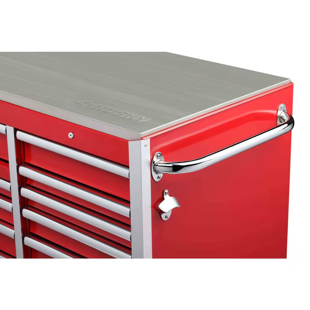 72 In. W X 24 In. D Heavy Duty 15-Drawer Mobile Workbench Cabinet with Stainless Steel Top in Gloss Red