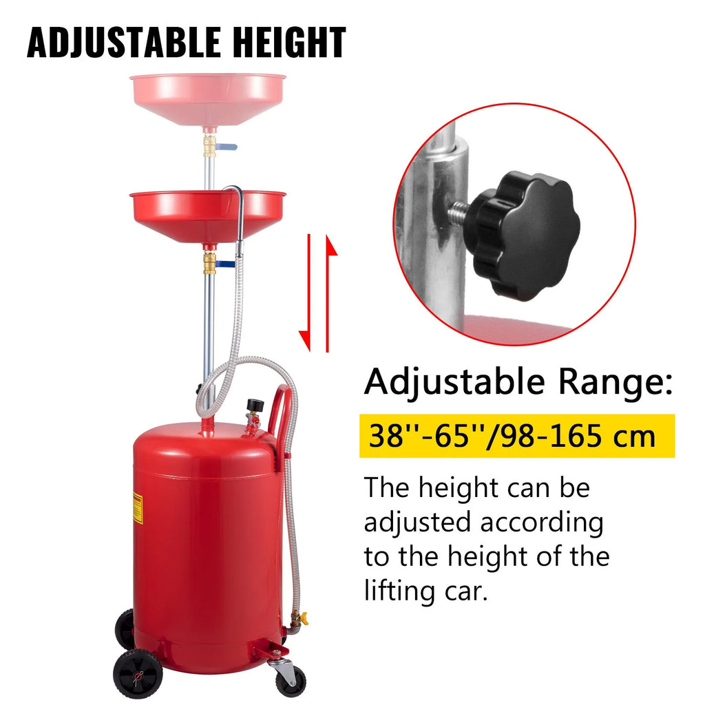 VEVOR Waste Oil Drain Tank 20 Gallon Portable Oil Drain Air Operated Drainer Oil Change, Oil Drain Container, Fluid Fuel Transfer Drainage Adjustable Funnel Height, with Wheel for Easy Oil Removal