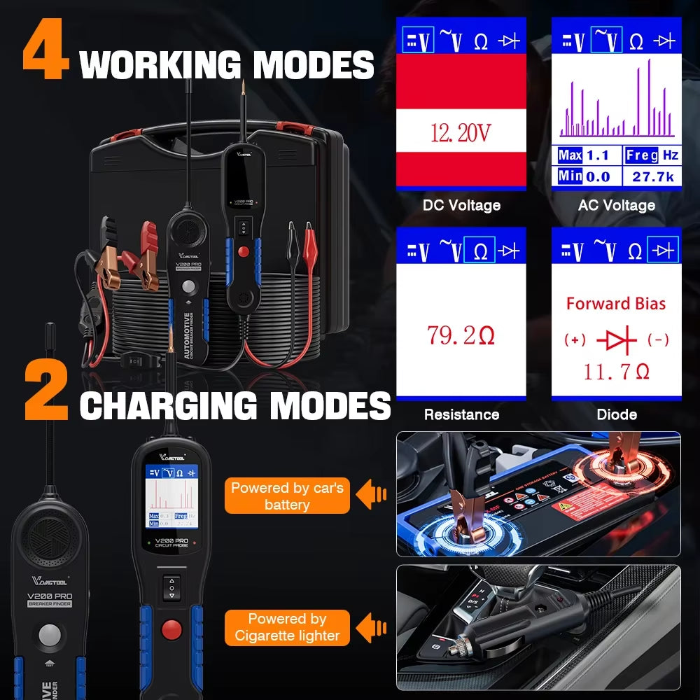 V200PRO 12/24V Automotive Power Probe 40FT/12M Cable Car Circuit Tester with Relay/Fuse Testing Breaker Finder Tools