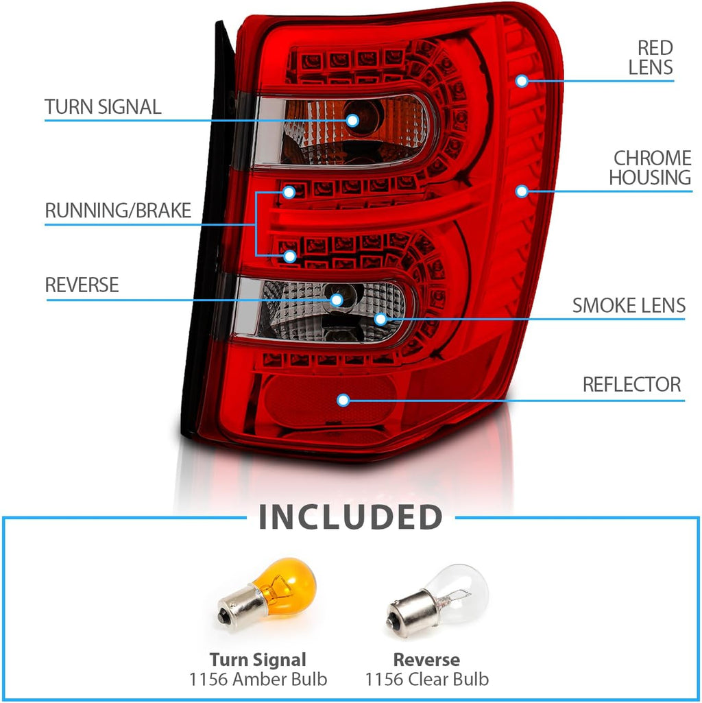 Red/Smoke LED Tail Lights Assembly for 1999-2004 Jeep Grand Cherokee - Passenger and Driver Side