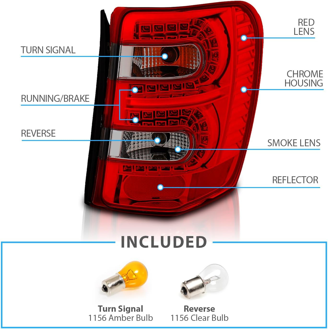 Red/Smoke LED Tail Lights Assembly for 1999-2004 Jeep Grand Cherokee - Passenger and Driver Side