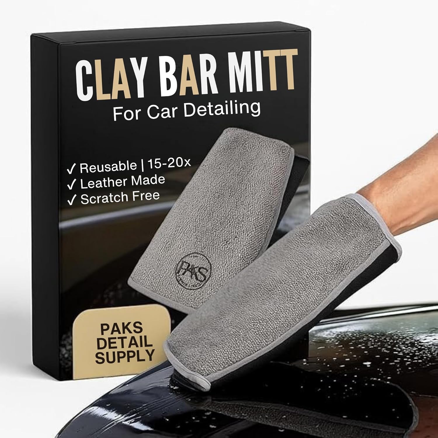 2-PC Medium Fine Clay Mitt Auto Detailing | Reusable, Scratch Free & Easy-Glide Clay Bar Mitt for Detailing | Clay Towel Gloves to Removes Sap/Tar/Contaminants | Safe on Paint, Glass & Wheels