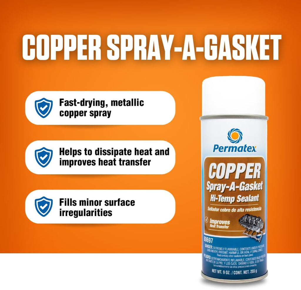 80697 Copper Spray-A-Gasket Hi-Temp Adhesive Sealant, 9 Oz. Net Aerosol Can , Orange