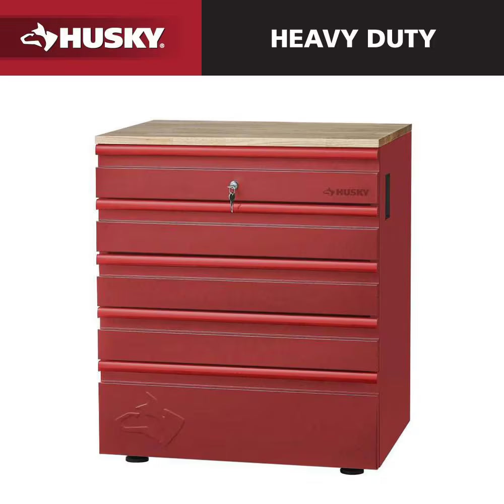 28 In. W X 32 In. H X 21.5 In. D 20-Gauge Steel 5-Drawer Heavy-Duty Freestanding Garage Storage Base Cabinet in Red