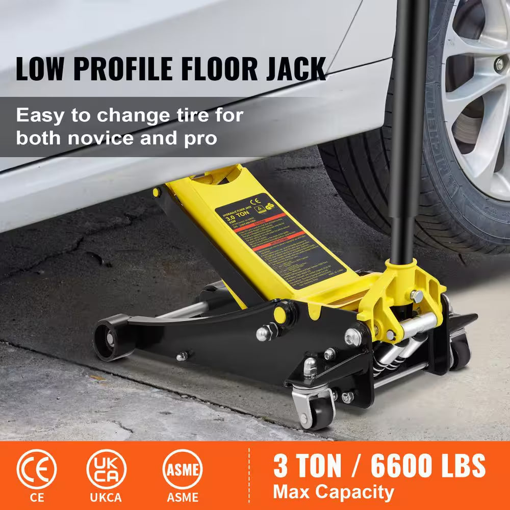 Floor Jack, 3 Ton Low Profile Floor Jack, Heavy-Duty Steel Racing Floor Jack, Floor Jack Lifting Range 3.35-19.69 In.