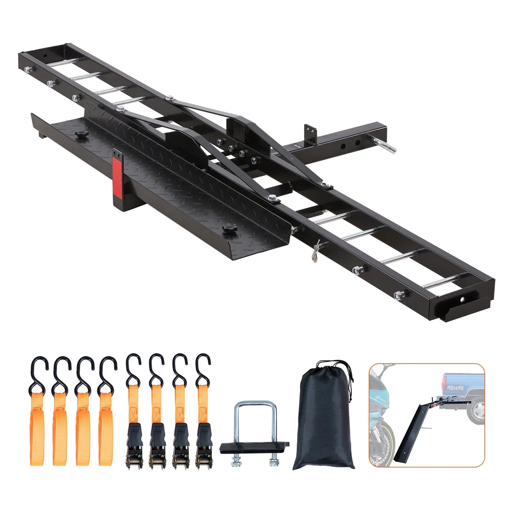 Steel Motorcycle Carrier, 600 LBS Capacity, Includes Ramp, Tie-Down Straps & Stabilizer, Fits 2" Hitch Receivers on Cars & Trucks