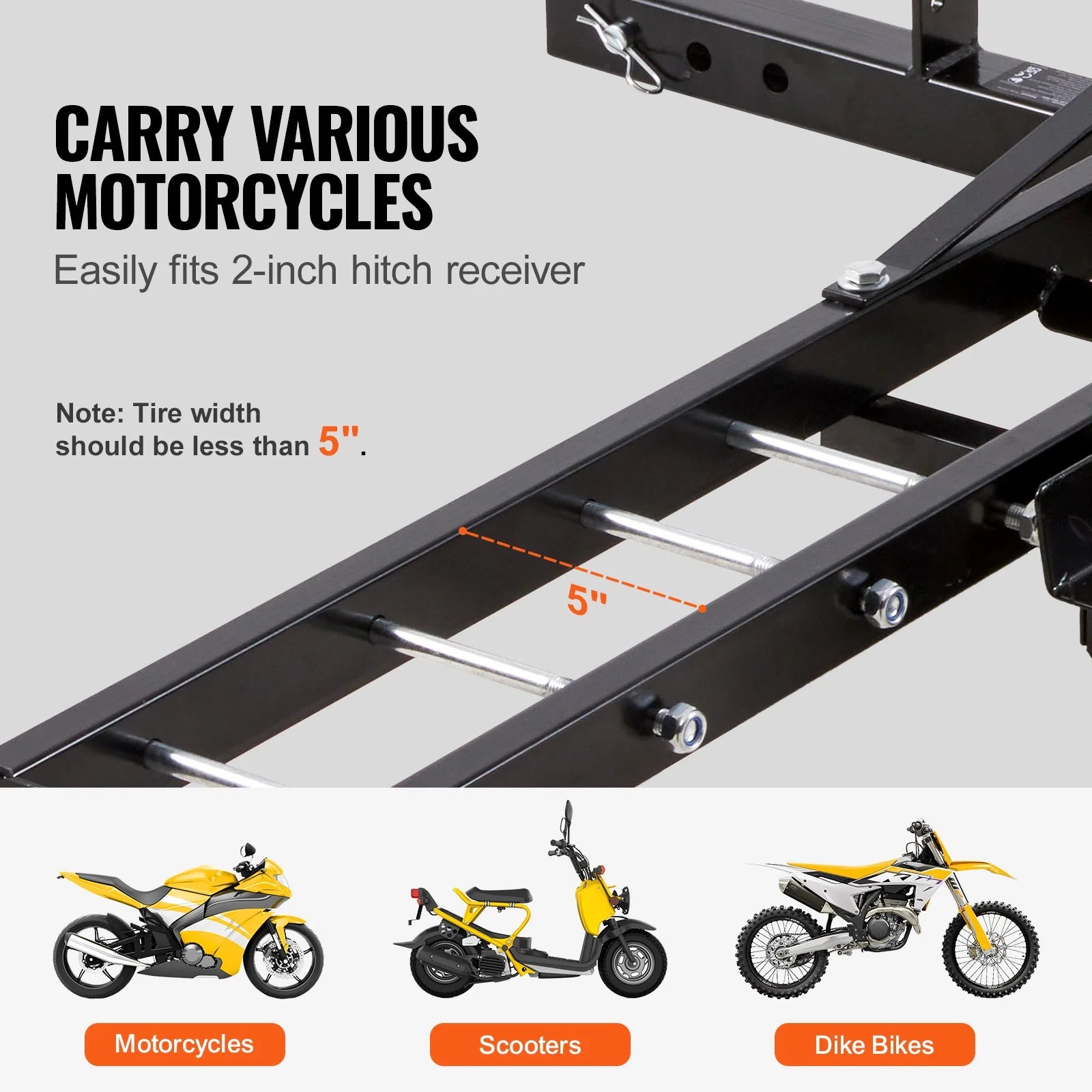 Steel Motorcycle Carrier, 600 LBS Capacity, Includes Ramp, Tie-Down Straps & Stabilizer, Fits 2" Hitch Receivers on Cars & Trucks