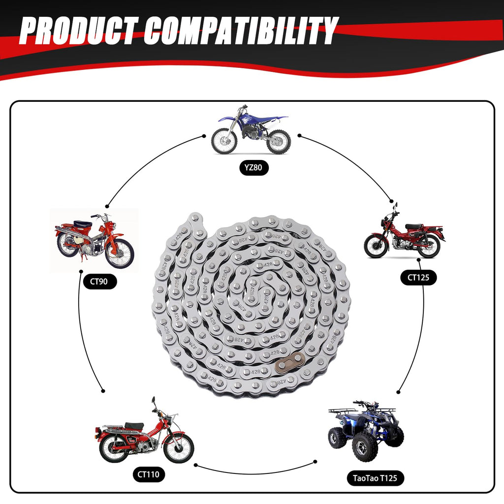 428 Drive Chain 102 Link with Chain Breaker for 50Cc 70Cc 90Cc 110Cc 125Cc CT90 CT110 Taotao Tforce Coolster Vitacci Apollo Trailmaster Pit Dirt Bike 4 Wheeler ATV Quad Go Kart Heavy Duty Parts