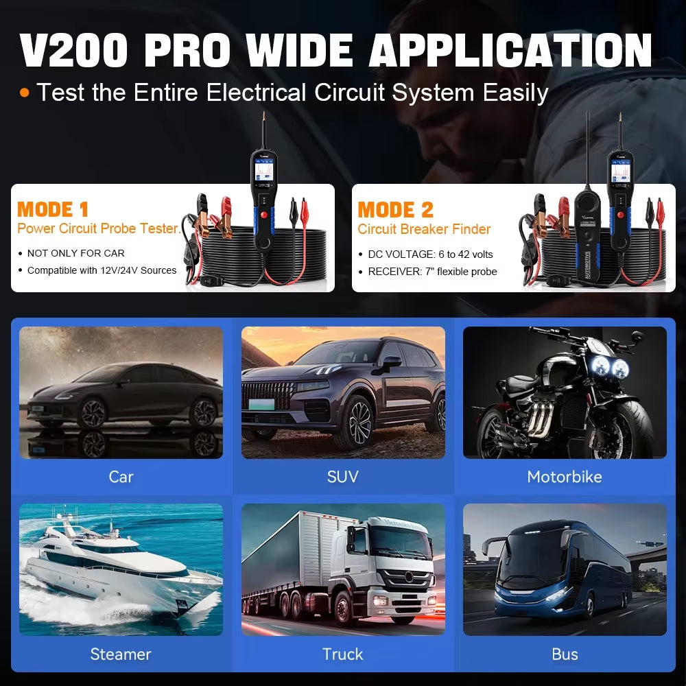 V200PRO 12/24V Automotive Power Probe 40FT/12M Cable Car Circuit Tester with Relay/Fuse Testing Breaker Finder Tools
