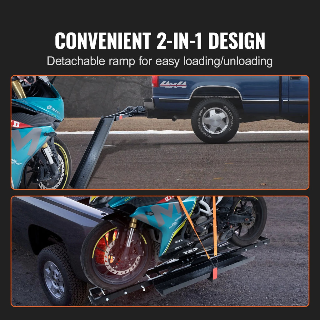 Steel Motorcycle Carrier, 600 LBS Capacity, Includes Ramp, Tie-Down Straps & Stabilizer, Fits 2" Hitch Receivers on Cars & Trucks