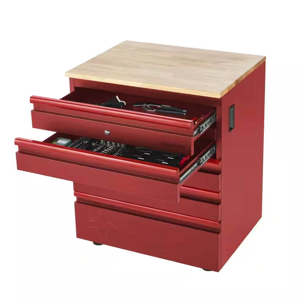 28 In. W X 32 In. H X 21.5 In. D 20-Gauge Steel 5-Drawer Heavy-Duty Freestanding Garage Storage Base Cabinet in Red