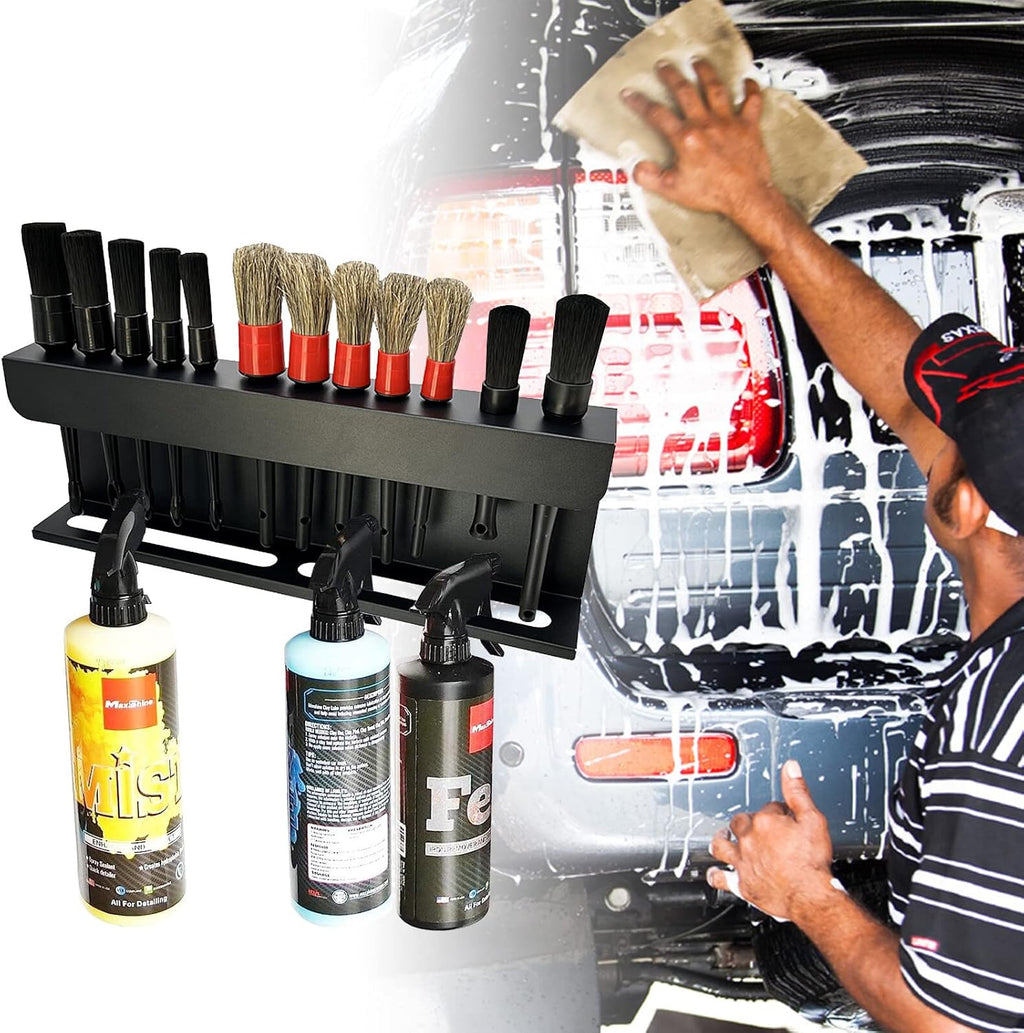 Car Detailing Brush Holder and Brush Kits, 2 in 1 Auto Detailing Spray Bottle Holder and Detail Brush Rack,Putting 12 Car Detailing Brushes,For Auto Shop Detailing Tool Organizer