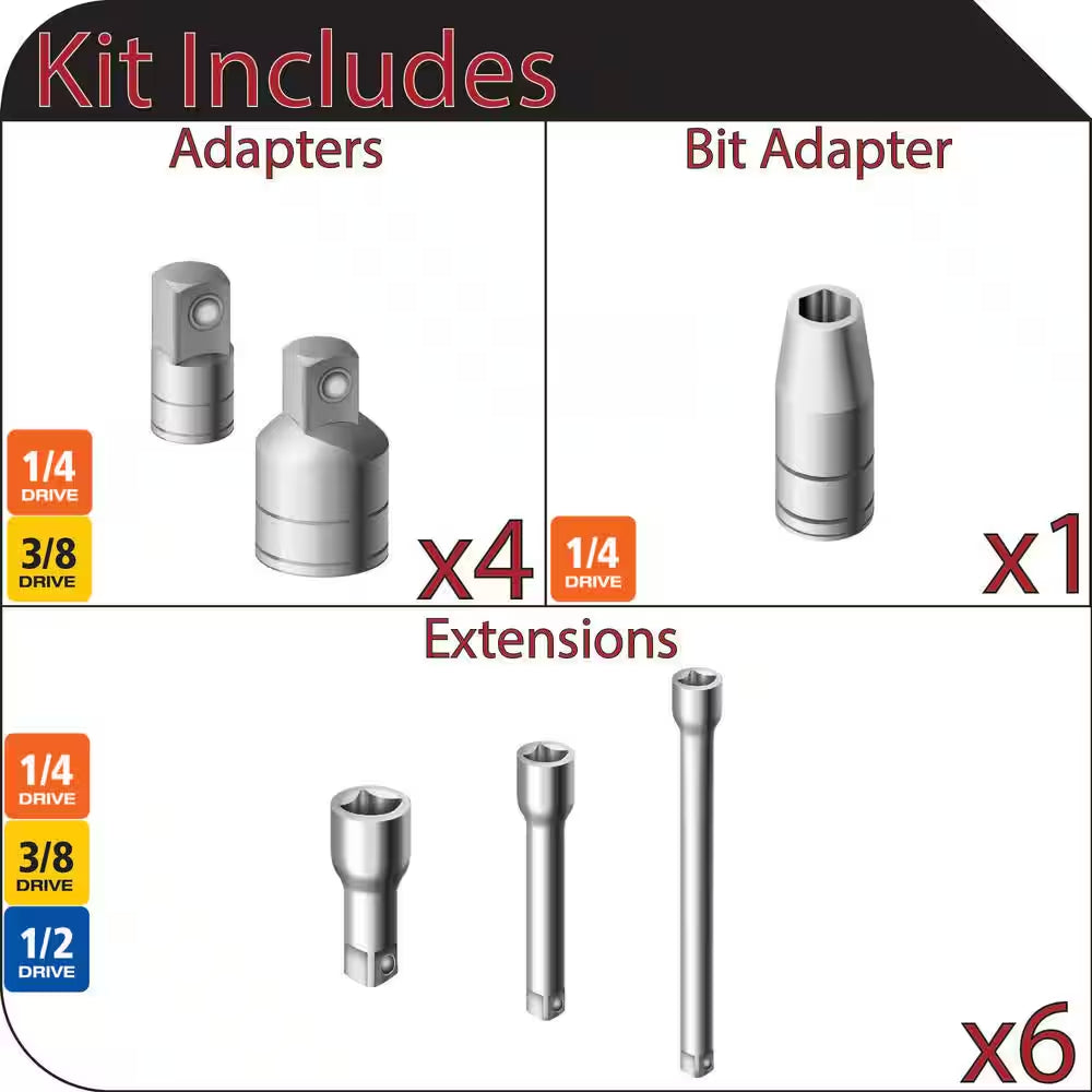 1/4 In., 3/8 In. and 1/2 In. Drive SAE and MM Extension and Adapter Set (11-Piece)