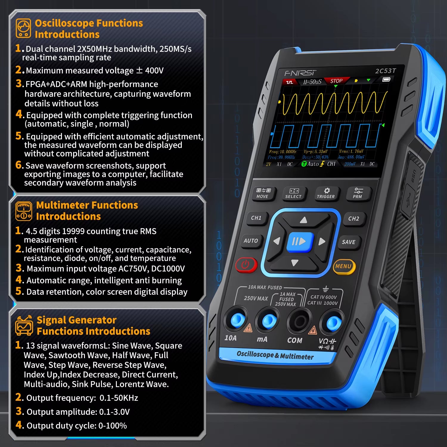 2C23T 2C53T Upgrade 50Mhz Handheld Digital Oscilloscope Multimeter Signal Generator 3 in 1 Dual Channel Automotive Tools
