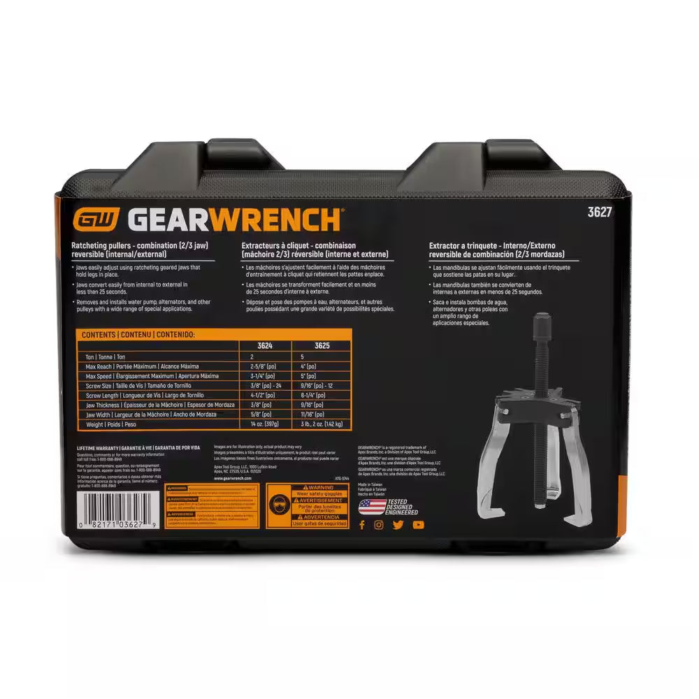 2 and 5-Ton Internal/External Ratcheting 2 or 3 Leg Puller Set with Storage Case