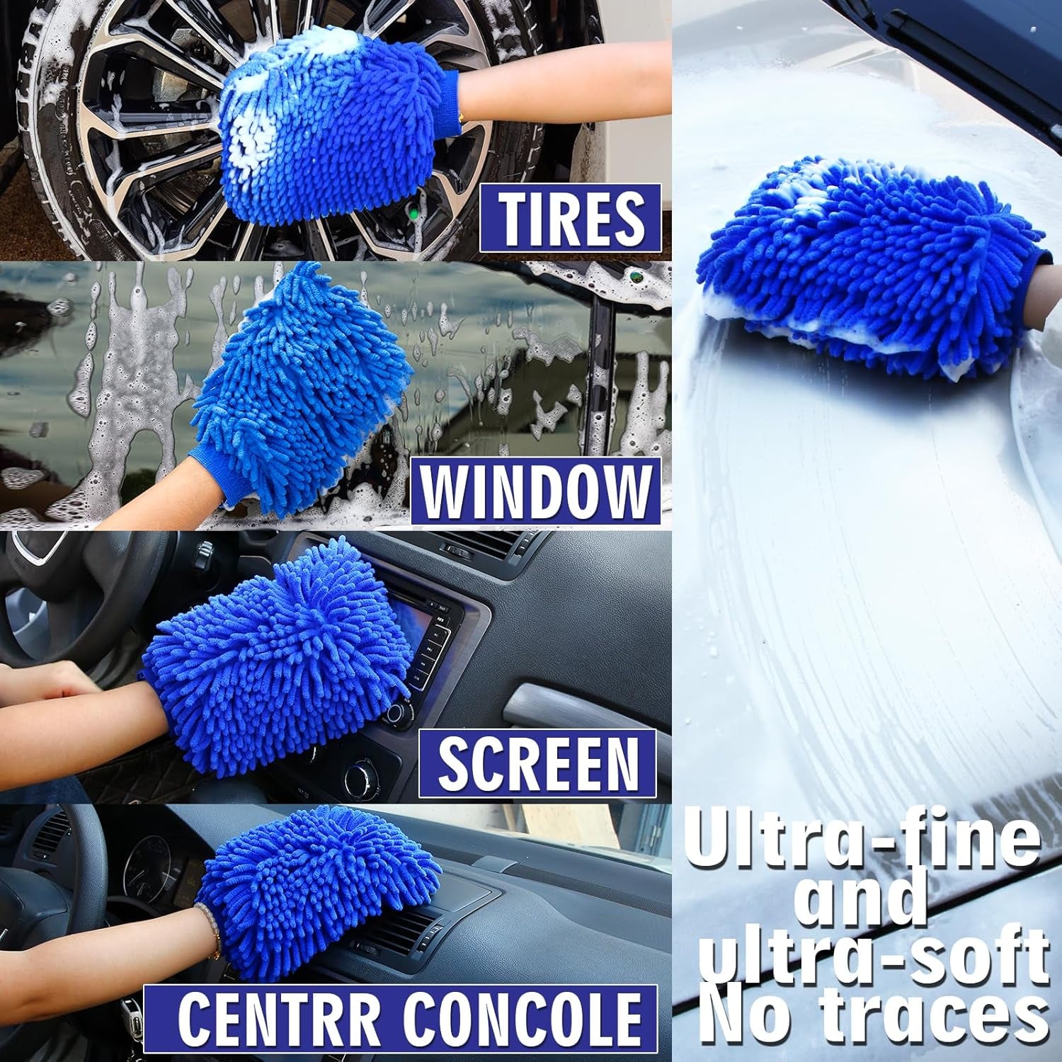 11" * 7.8" Waterproof Microfiber Washing Mitts, Scratch-Free, Dusting Mitts in Car Wash Kit. Blue *2