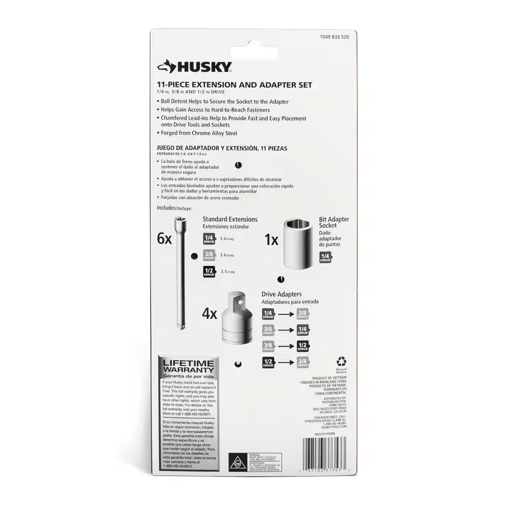 1/4 In., 3/8 In. and 1/2 In. Drive SAE and MM Extension and Adapter Set (11-Piece)