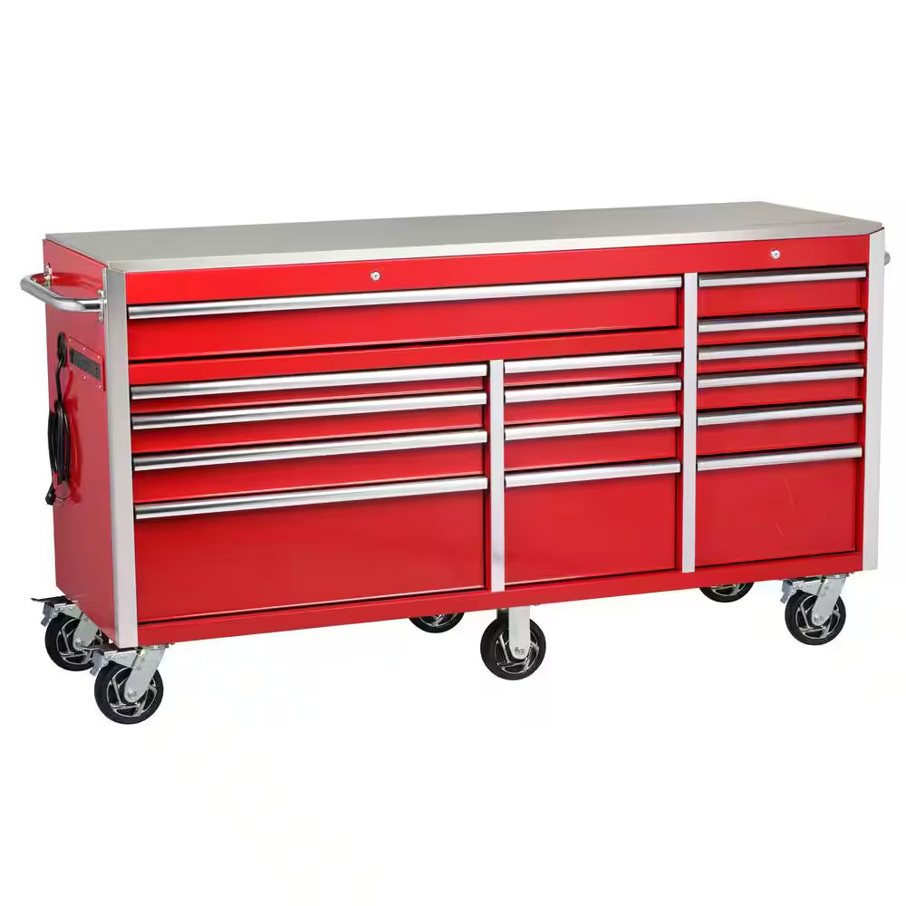 72 In. W X 24 In. D Heavy Duty 15-Drawer Mobile Workbench Cabinet with Stainless Steel Top in Gloss Red