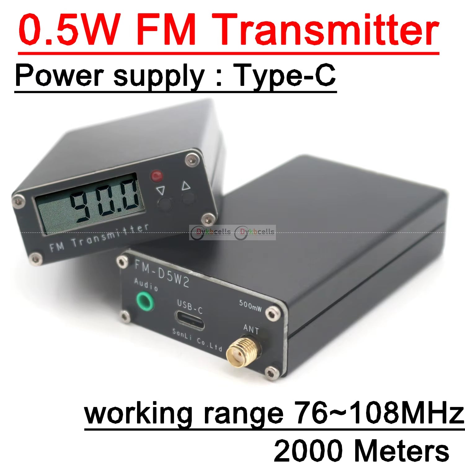 2000M 0.5W FM Transmitter 76-108Mhz Digital Display FM Stereo Transmit TYPE-C USB Churches CAR Radio Broadcast Campus Station