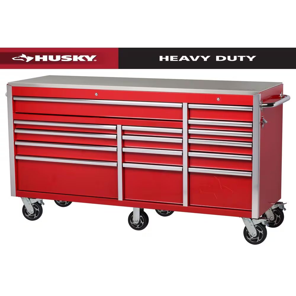 72 In. W X 24 In. D Heavy Duty 15-Drawer Mobile Workbench Cabinet with Stainless Steel Top in Gloss Red