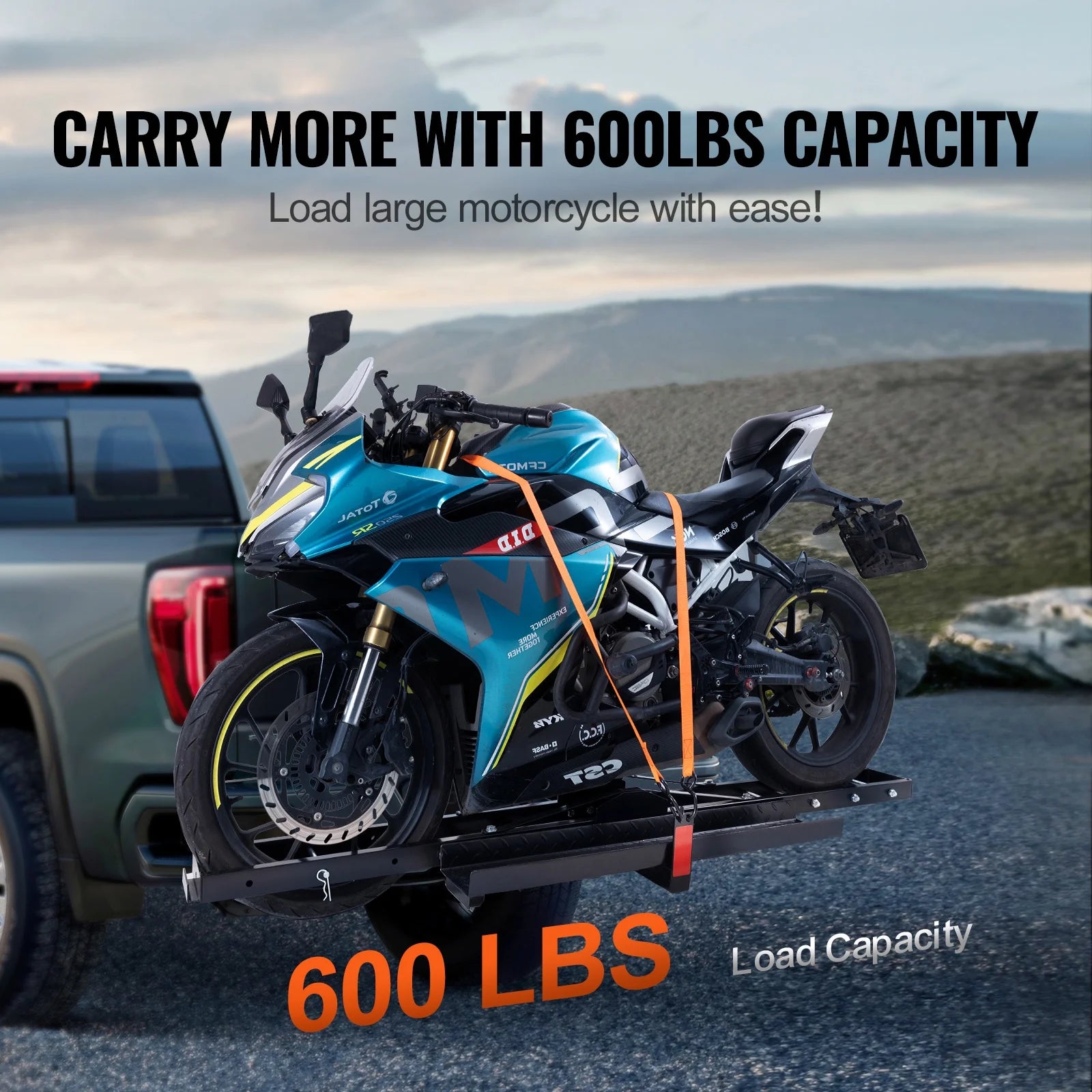 Steel Motorcycle Carrier, 600 LBS Capacity, Includes Ramp, Tie-Down Straps & Stabilizer, Fits 2" Hitch Receivers on Cars & Trucks