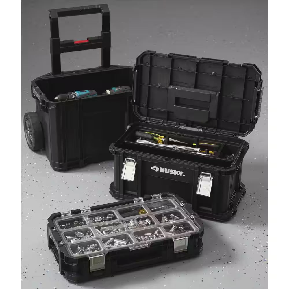 Connect Stackable 22 In. Rolling Tool Cart, 22 In. Tool Box, and Pro Small Parts Organizer with 12 Removable Bins