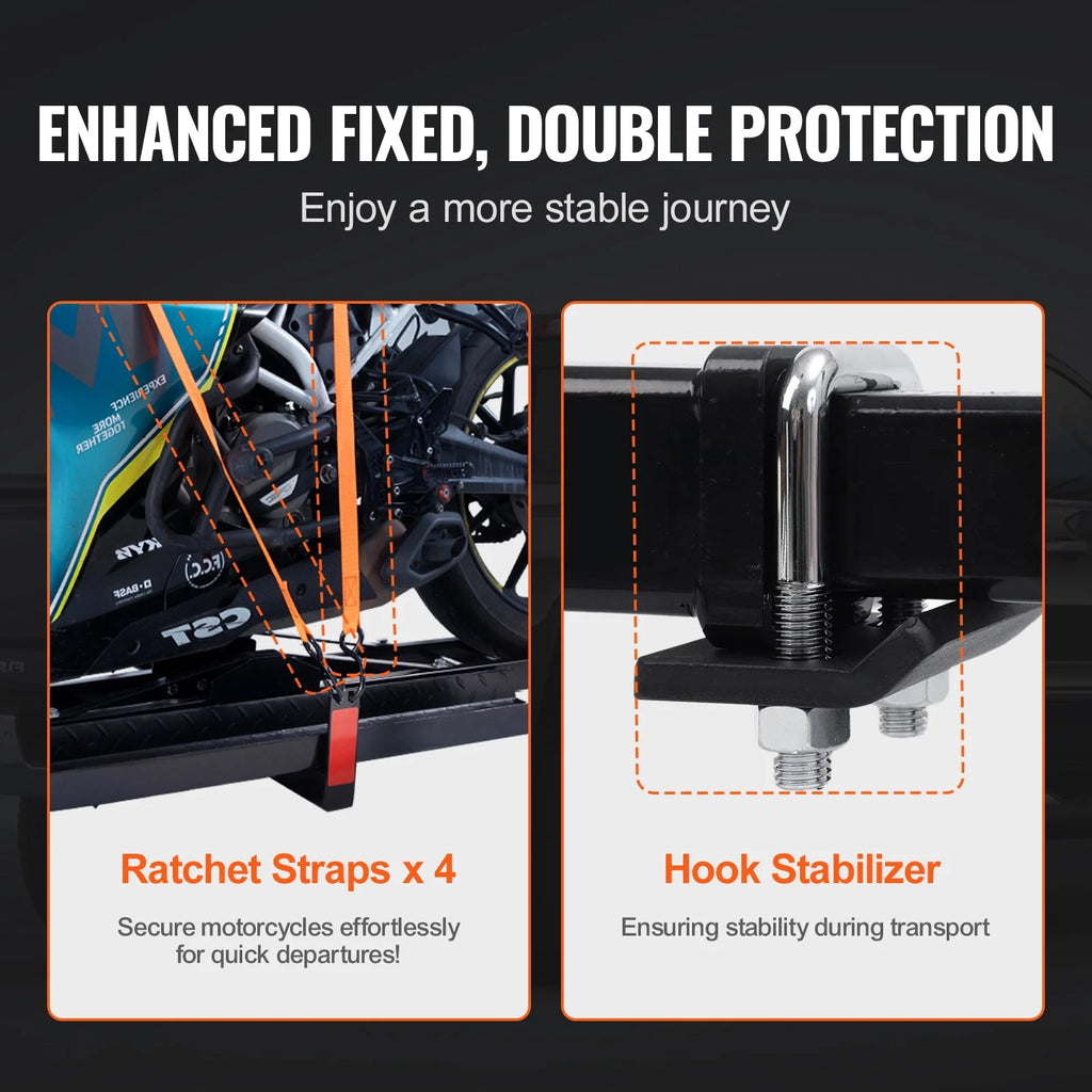 Steel Motorcycle Carrier, 600 LBS Capacity, Includes Ramp, Tie-Down Straps & Stabilizer, Fits 2" Hitch Receivers on Cars & Trucks