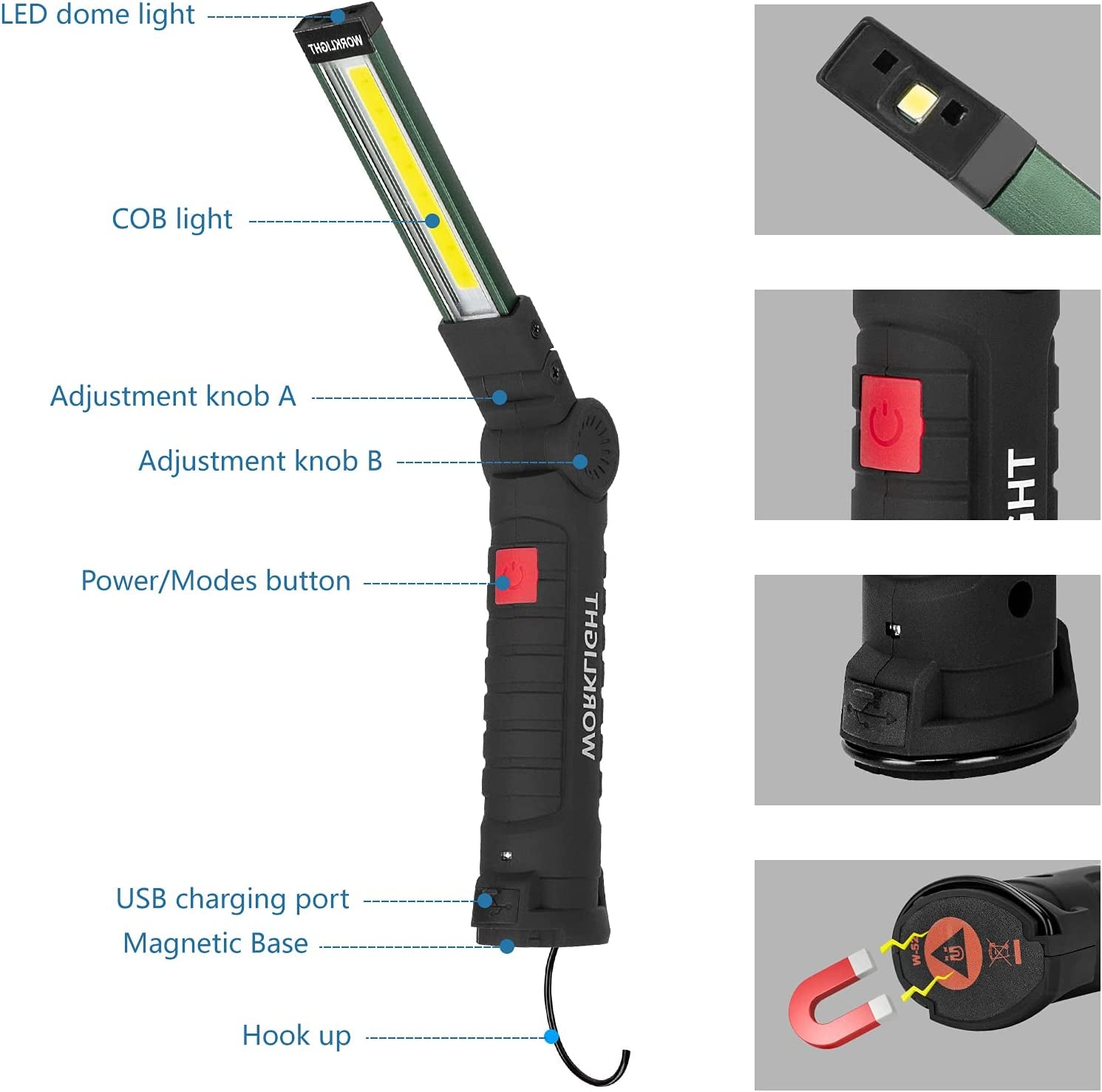 LED Rechargeable Flash Lights  Automotive Tools for Mens Dad,Cordless Worklight with Magnetic Base 360° Rotate 5 Modes Brightness Trouble Torch for Bbq,Camping,Handmade,Mechanic,Gift(2 Pack)