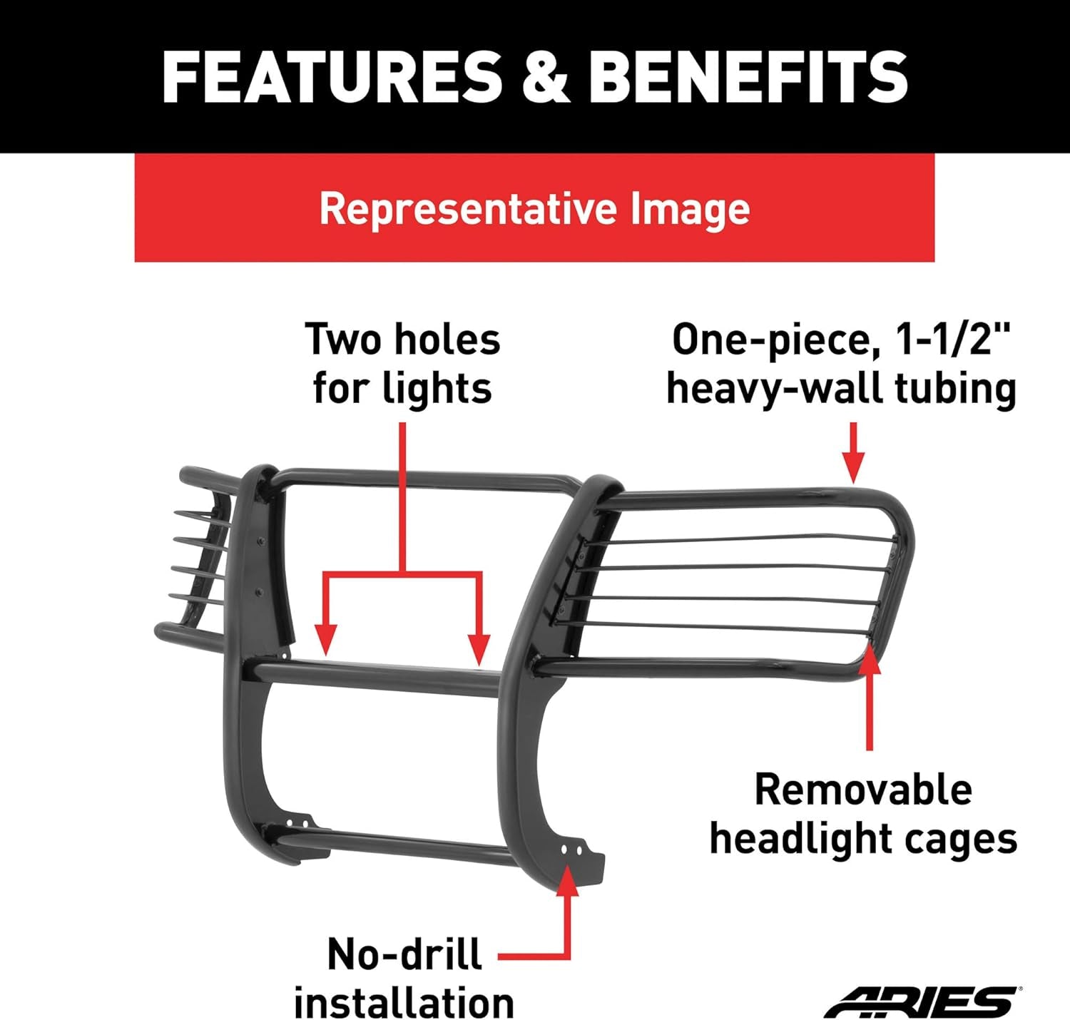 1044 1-1/2-Inch Black Steel Grille Guard, No-Drill, Select Jeep Grand Cherokee