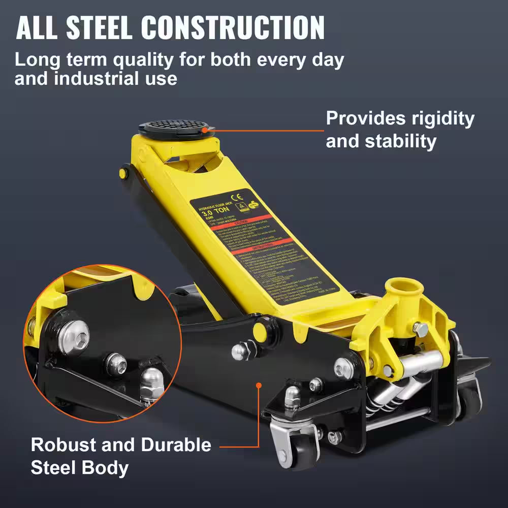 Floor Jack, 3 Ton Low Profile Floor Jack, Heavy-Duty Steel Racing Floor Jack, Floor Jack Lifting Range 3.35-19.69 In.