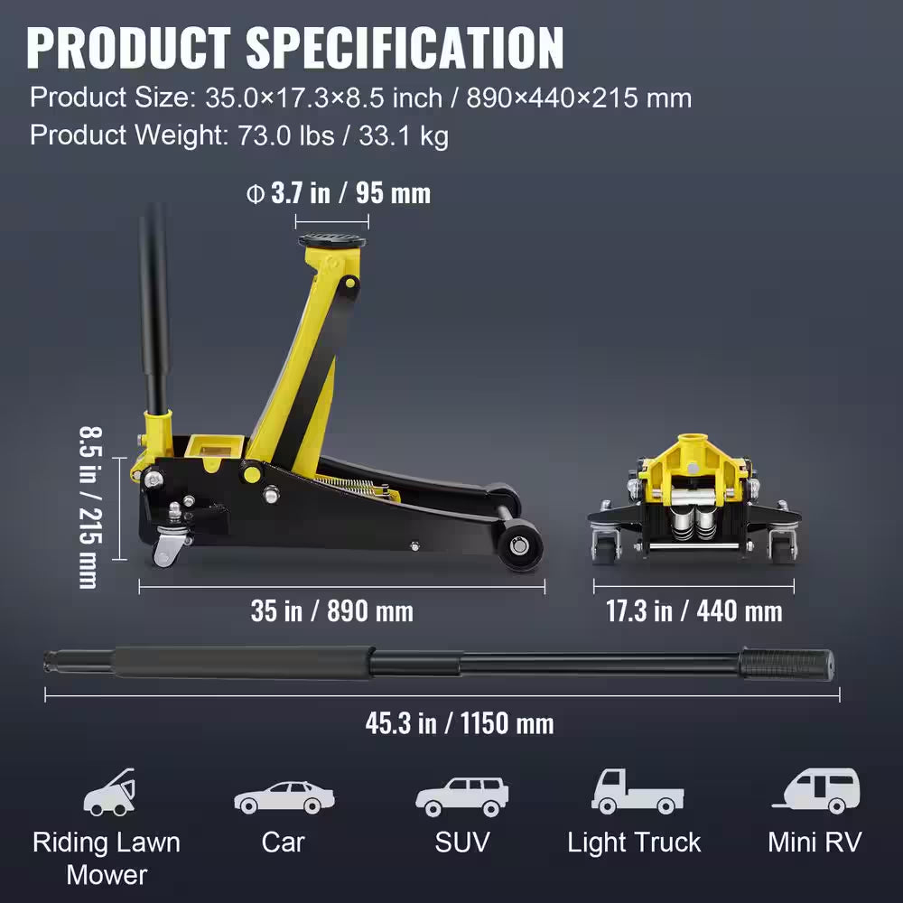 Floor Jack, 3 Ton Low Profile Floor Jack, Heavy-Duty Steel Racing Floor Jack, Floor Jack Lifting Range 3.35-19.69 In.