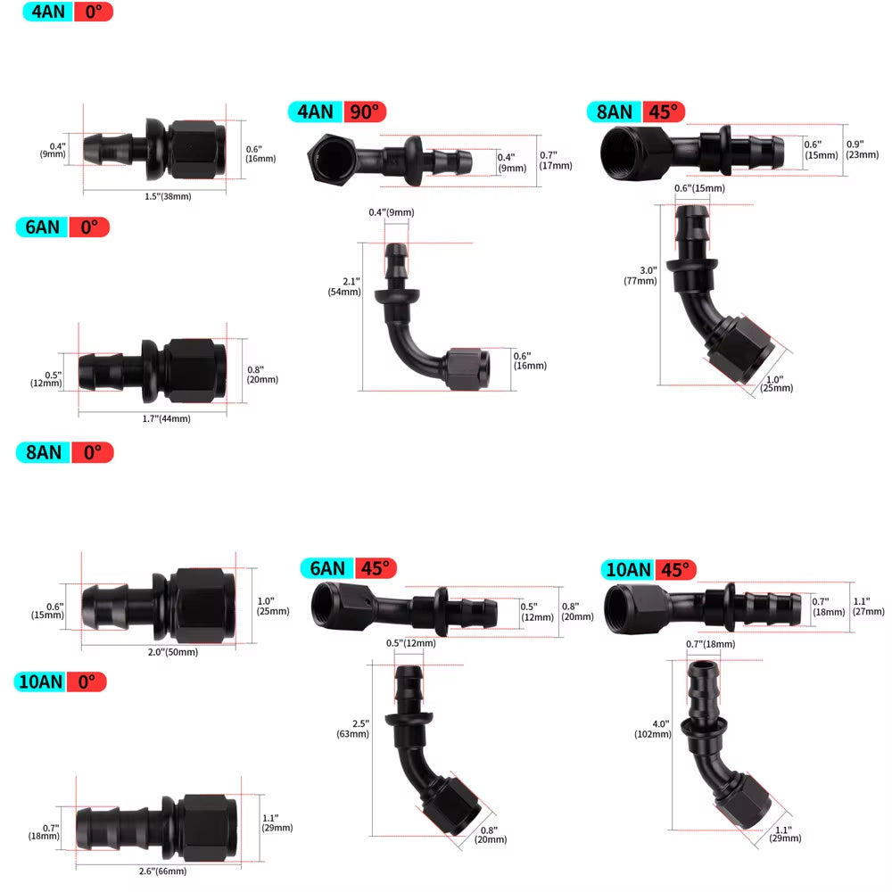0/45/90/180 Degree AN4/AN6/AN8/AN10/AN12 Straight Female Swivel to Push Lock Barb Hose End Fitting Oil Fuel Hose End Adaptor Kit